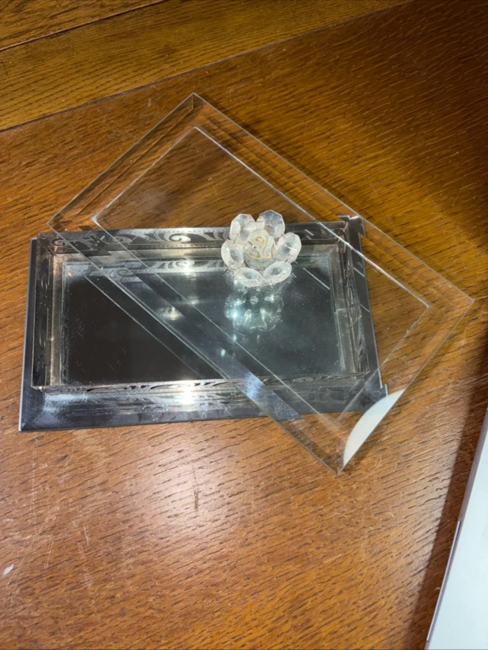 VINTAGE Studio Silversmith Mirrored w/Crystal Rose Handle Beveled Glass Box